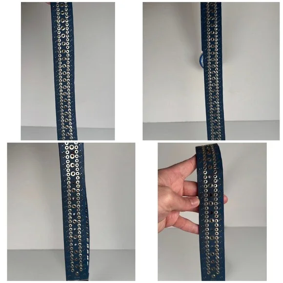Nocona Genuine Blue/Silver Leather Western Belt Rhinestone Bedazzled Womens Y2K